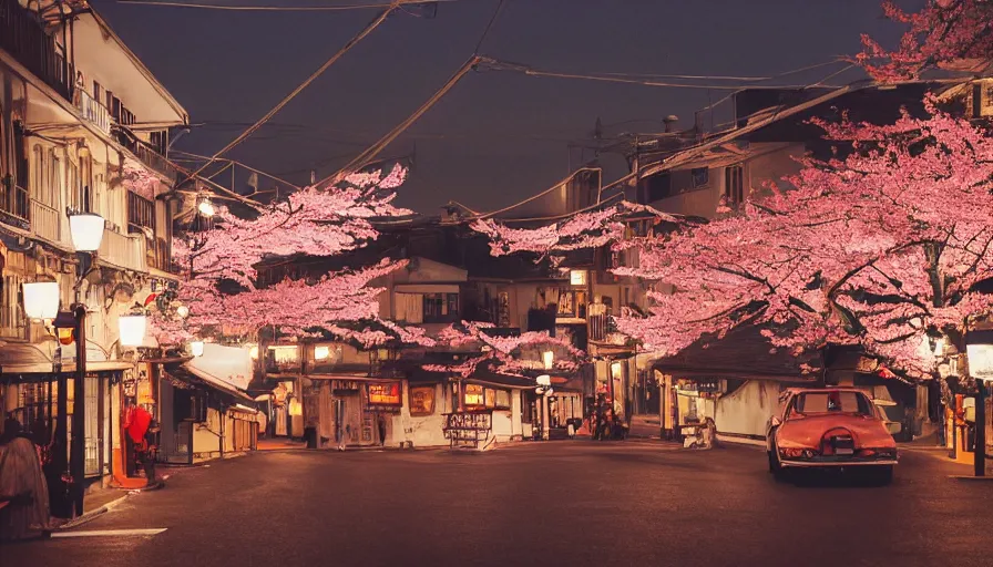 Image similar to a Wes Anderson 35mm film still of a very surreal magic small mountain town, like Kyoto, and Paris, golden hour, clean, falling cherry blossom pedals, in the style of Gucci, James Jean color palette, glowing warm lights and floating lanterns, foggy atmosphere, rainy, moody, muted colors, magic details, high detail, high resolution, 8k, cinematic look, octane render, psychedelic,