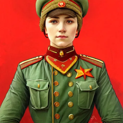 Image similar to a portrait of a female soviet officer, upper half portrait, decorated with soviet motifs, russian soviet motifs, soviet, traditional russia, intricate, elegant, highly detailed, symmetry, headpiece, digital painting, artstation concept art smooth sharp focus, illustration, art by artgerm and greg rutkowski alphonse mucha 8 k