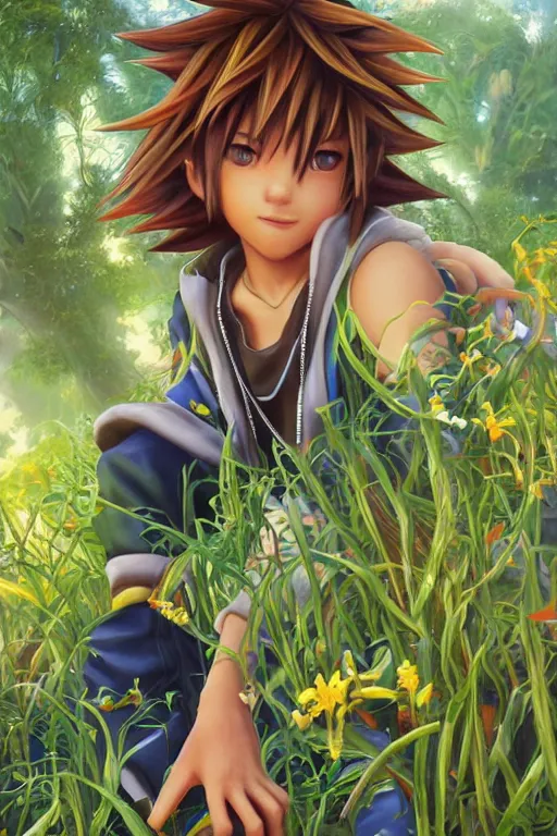 Prompt: sora from kingdom hearts, wavy hairstyle, highly detailed, in a magical lush field of overgrown plants, goofy and Donald Duck blurred in the background, digital painting, artstation, concept art, smooth, sharp focus, illustration, cinematic lighting, art by artgerm and greg rutkowski and alphonse mucha