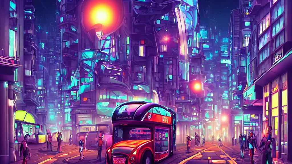 Image similar to street view of futuristic robot london city at night by cyril rolando and naomi okubo and dan mumford and zaha hadid. robots. robots walking the streets. advertisements for robots. robotic elegant lamps. robotic double decker bus.