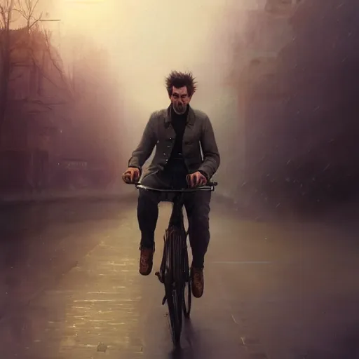 Prompt: cinematic shot epic portrait david tennant riding a bicycle in the streets, atmospheric, cloudy, broad light, ambient occlusion, volumetric light effect, made by ivan aivazovsky, peter mohrbacher, greg rutkowski, ross tran, matte painting, trending on artstation, 4 k, perfectly defined features, digital painting, cinematic, epic, highly detailed,