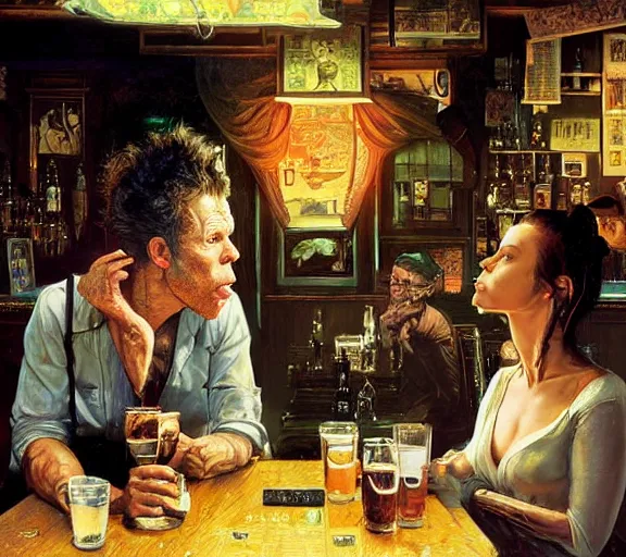 Prompt: Tom Waits and Iggy in a pub, highly detailed, digital painting, artstation, concept art, smooth, sharp focus, illustration, art by james gurney and norman rockwell and greg rutkowski chuck close