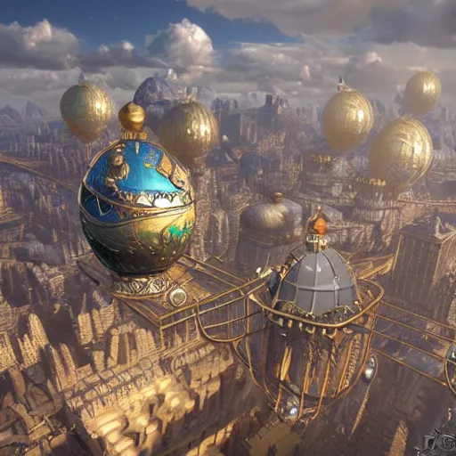 Image similar to enormous flying city in a faberge egg, sky, steampunk, fantasy art, masterpiece, unreal engine