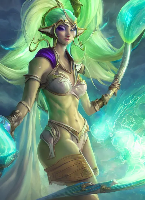 Image similar to merciful soraka, from league of legends, health supporter, hyper detailed, green aura in her wand, digital art, trending in artstation, cinematic lighting, studio quality, smooth render, unreal engine 5 rendered, octane rendered, art style by klimt and nixeu and ian sprigger and wlop and krenz cushart