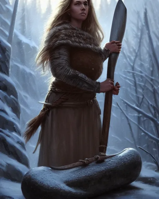 Prompt: cinematic shot epic portrait an female viking holding an stone axe, winter backround, cloudy, dust, shiny skin, beautiful, fine details. night setting. realistic shaded lighting poster by craig mullism, artgerm, jeremy lipkin and michael garmash, unreal engine, radiant light, detailed and intricate environment, digital art, trending on art station,