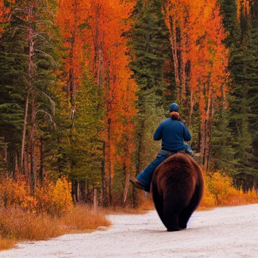 Image similar to back of bob ross riding on the back of brown bear in alaska at fall season, outdoor lighting, realistic, photo, national geographic photo, volumetric, fog