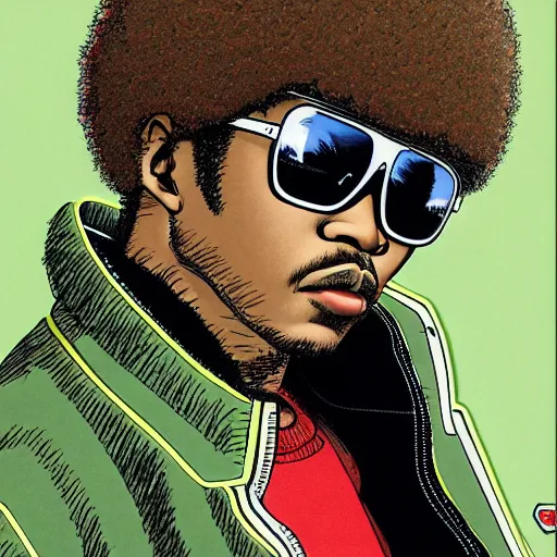 Image similar to illustration by katsuhiro otomo, black man with afro hair, stubble, wearing an adidas army green jacket, in the streets of tokyo, akira style, by katsuhiro otomo