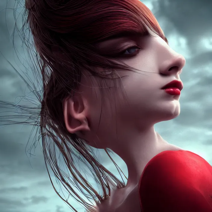 Image similar to a beautiful Cotton Mill Girl, symmetrical, perfect body and face, centered, dramatic angle, ornate, details, smooth, sharp focus, illustration, realistic, cinematic, artstation, award winning, rgb , unreal engine, octane render, cinematic light, macro, depth of field, blur, red light and clouds from the back, highly detailed epic cinematic concept art CG render made in Maya, Blender and Photoshop, octane render, excellent composition, dynamic dramatic cinematic lighting, aesthetic, very inspirational, arthouse by Henri Cartier Bresson