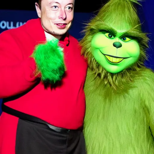 Image similar to elon musk cosplaying as the grinch, elon musk wearing a grinch costume, cosplay award winner