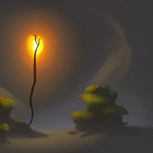 Prompt: A weird looking glowing plant lighting a dark cave, digital art, illustration, trending on artstation