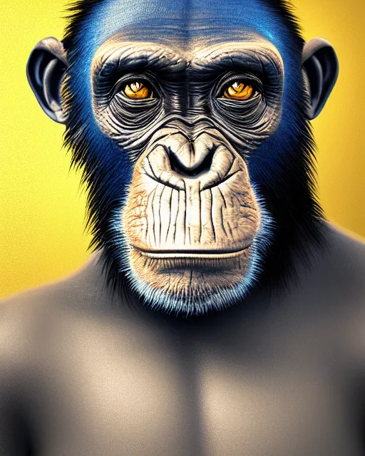 Image similar to gold, blue, very detailed high resolution illustration of a chimpanzee glaring, mystical, 3 d, 8 k, extremely detailed, artstation