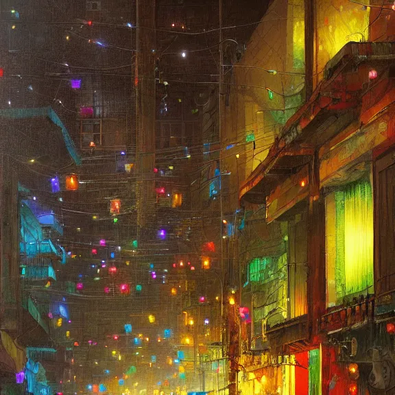 Prompt: Downtown Mexico, string lights, colorful lighting, night, by Tooth Wu, by Lienzo Óleo Paisaje, by Greg Rutkowski