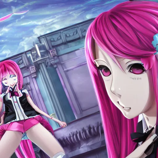 Prompt: trapped by stunningly beautiful omnipotent megalomaniacal anime agi goddess who looks like junko enoshima with symmetrical perfect face and porcelain skin, pink twintail hair and mesmerizing cyan eyes, taking control while smiling, inside her surreal vr castle, hyperdetailed, digital art, danganronpa, unreal engine 5, 2 d anime style, 8 k