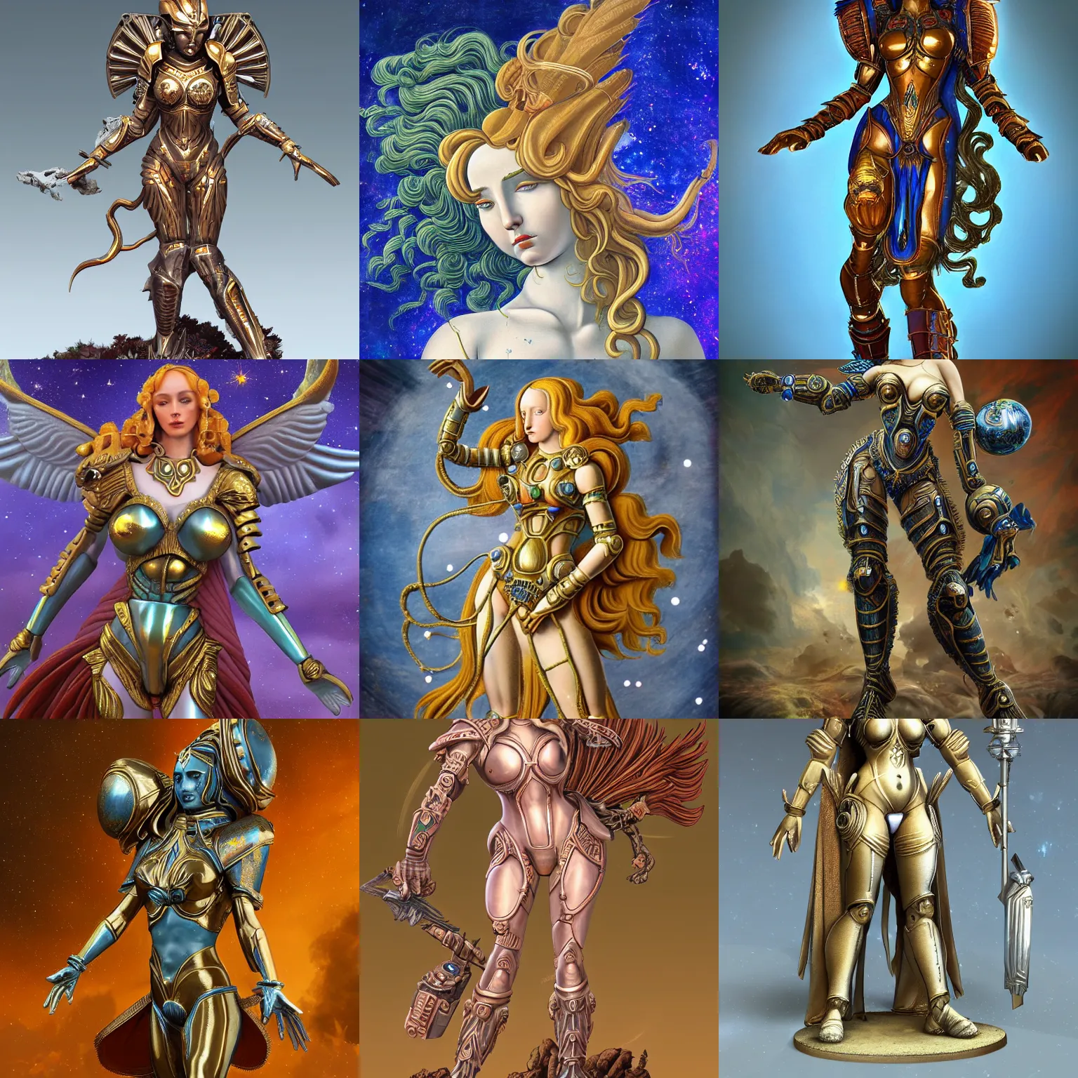 Image similar to venus goddess in ancient alien planet sci-fi armor, in the style of sandro botticelli, stylized, highly detailed, trending on artstation, award winning, painted warhammer miniature