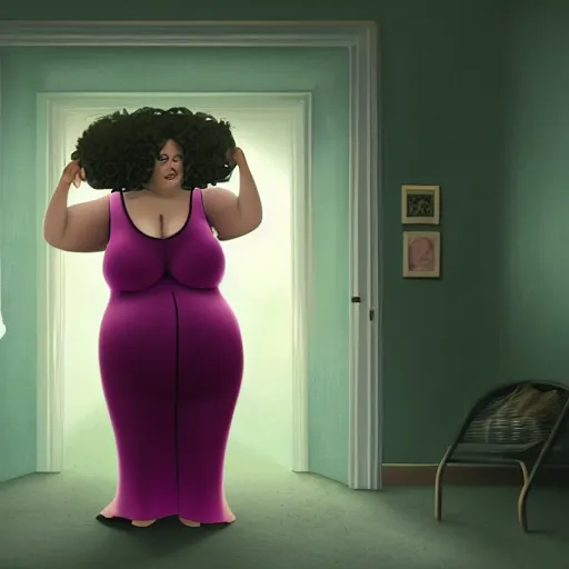 Image similar to the huge fat woman's head is on the in the closet, hiding from the darkness. medium shot. beautiful colors, great lighting. fantastic movie scene. subsurface scattering shiny skin. beautiful lighting, 4 k post - processing, trending in art station, cg society, highly detailed, 5 k extremely detailed, 3 d. cinematic scene. sharp image.