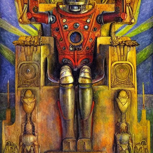 Prompt: the robot on the forest throne, by Annie Swynnerton and Diego Rivera, symbolist, dramatic lighting, elaborate geometric ornament, Art Brut ,god rays, soft cool colors,smooth, sharp focus, extremely detailed, Adolf Wölfli