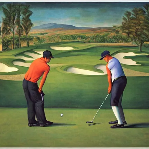 Image similar to Three golfers on a beautiful golf course driving range, by Diego Rivera