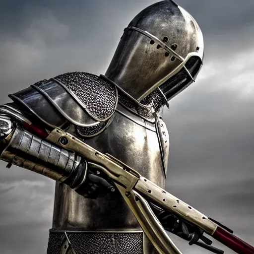 Image similar to a medieval knight in full armor, shooting an ak - 4 7. 4 k, hdr.