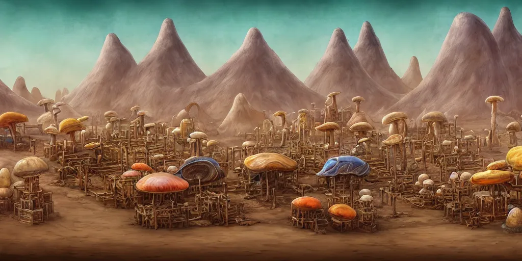 Image similar to colored merchant tents at a sprawling temple city of rusty chrome, white salt desert dunes, matte oil painting, mushroom farms, fungal polyps, retrofuturistic, science fantasy, mutant, lgbt, queer, rpg, epic, badlands, slime, dungeons & dragons, sacred, sharp focus, award - winning, extremely detailed, 4 k, 8 k