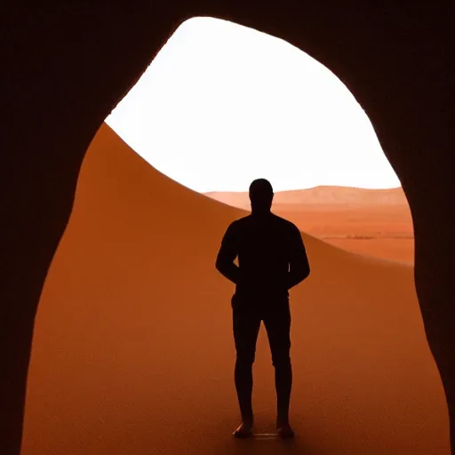 Image similar to a photo of a silhouette of a person in a color lit desert at night