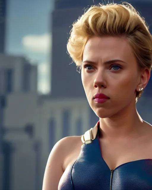 Image similar to scarlett johansson portraying a beautiful power girl from dc, beautiful scarlett johansson power girl, movie, hyper realistic, hollywood promotional image, imax, 8 k