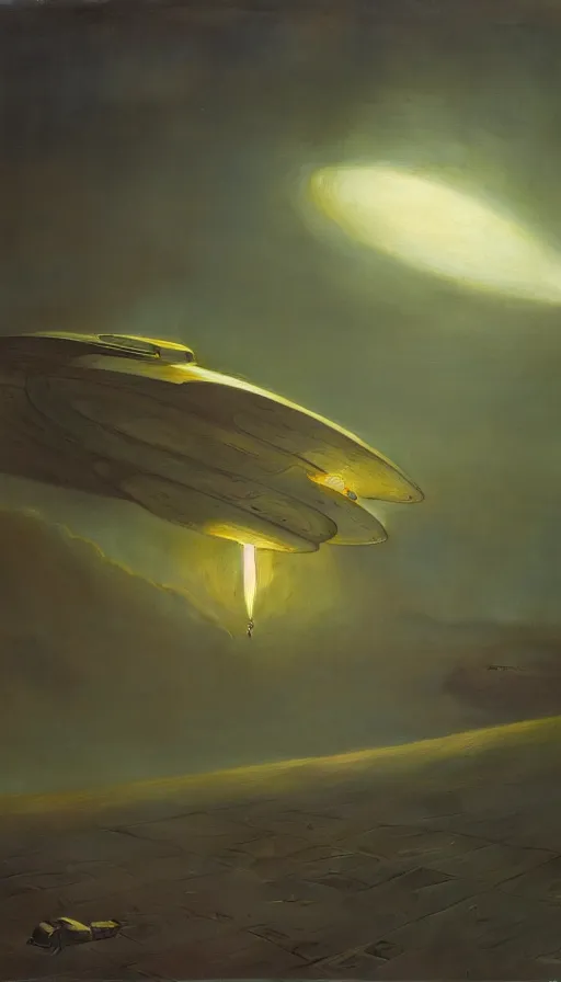 Image similar to spaceship landing mood lighting, soft light, dynamic lighting, complimentary colours, realistic, highly detailed, spooky painting by zdzisław beksinski and greg rutkowskiweta studio, and lucasfilm, colours