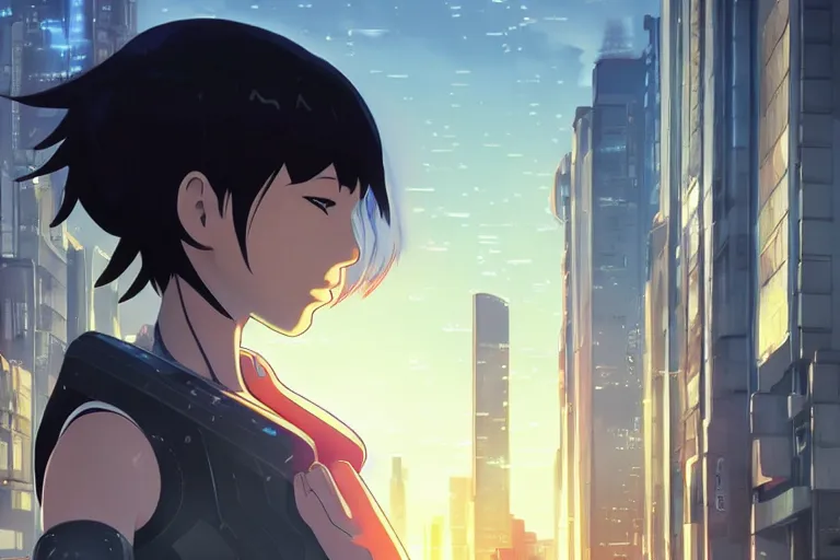 Image similar to makoto shinkai. robotic android girl. futuristic cyberpunk dystopia.