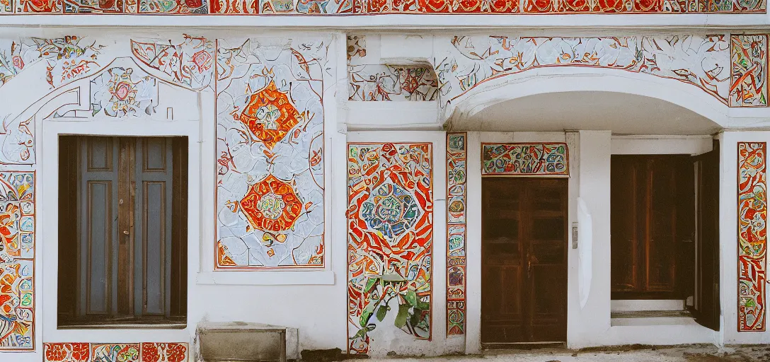 Image similar to mission revival house with portuguese tiles. fujinon premista 1 9 - 4 5 mm t 2. 9. portra 8 0 0.