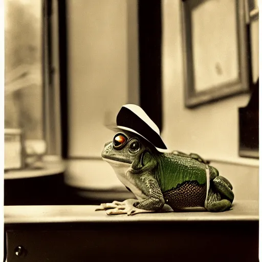 Prompt: cinematic, beautiful, ultra detailed, precise, award winning photo by saul leiter of an aristocrat animal frog wearing a perfect suit and a perfect hat sitting behind a perfect victorian desk, 1 9 4 0 s, vintage photography