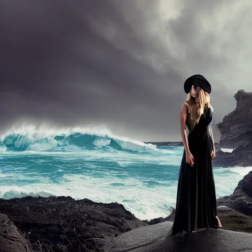 Image similar to photograph with stylish lens effect, stylistic lighting, 1 9 8 0's sci - fi epic artistic style, weta digital, octane render, a woman in a black dress and hat standing in the cliffside entrance to a cave alongside crashing dramatic ocean waves with sea foam and sea spray, an ancient greek trireme