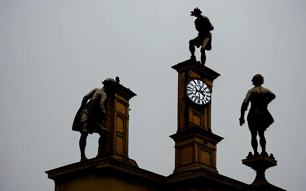 Image similar to a lonely statue of a man standing on top of a clock, a flemish baroque by henry macbeth - raeburn, flickr, rococo, rococo, flemish baroque, sabattier filter