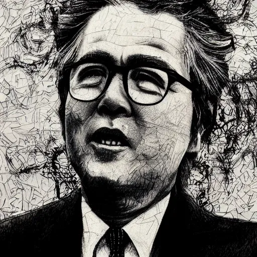 Image similar to Yoshitaka Amano realistic illustration of jeb bush ,hair fluttering in the wind, wrinkles on his face, abstract black and white patterns on the background, noisy film grain effect, highly detailed, Renaissance oil painting, weird portrait angle, blurred lost edges, three quarter view