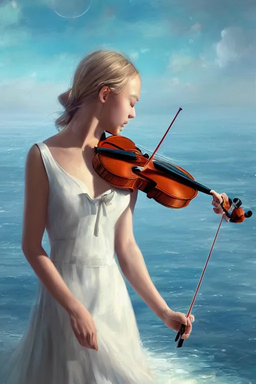 Prompt: a beautiful girl playing violin in a white dress over the ocean magic, by wlop, artgerm