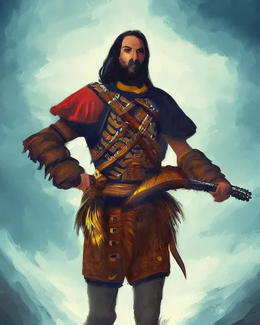 Image similar to digital illustration of a spanish conquistador in battle, art by anato finnstark and sangsoo jeong, treasure island movie color scheme, symmetric, facial features, portrait, handsome, digital painting, artstation