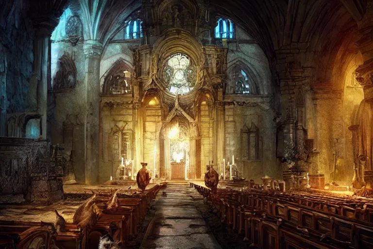 Prompt: concept art of ancient cathedral of forgotten cat people, ritual, many cats national geographic, high fantasy, strong perspective, sacred perfect lighting,