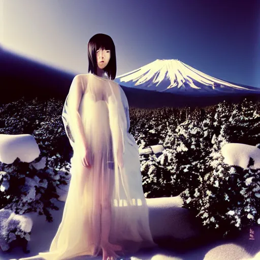 Image similar to a instax photo of fuji mountain, a tall japanese girl in a transparent sheer fabric dress against the background of fuji mountain, perfect faces, fine details, severe snow, full body shot, perfect symmetrical body, coherent symmetrical eyes, rule of thirds, by peter kemp, by monia merlo, hyperrealistic, hyperdetailed, octane render, 8 k