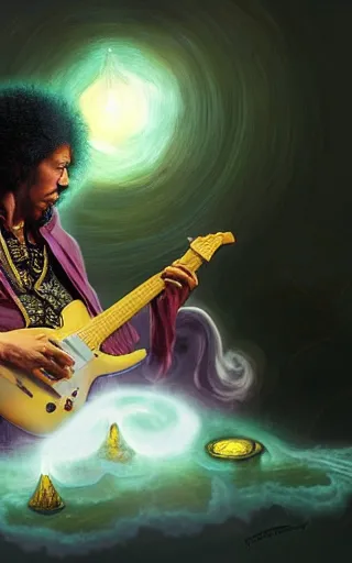 Prompt: character concept portrait of Jimmy Hendrix as wizard enchanting a music rune, a floating guitar in the center, embroidered gold-green robes, intricate, elegant, digital painting, concept art, smooth, sharp focus, illustration, from Metal Gear, by Ruan Jia and Mandy Jurgens and William-Adolphe Bouguereau, Artgerm