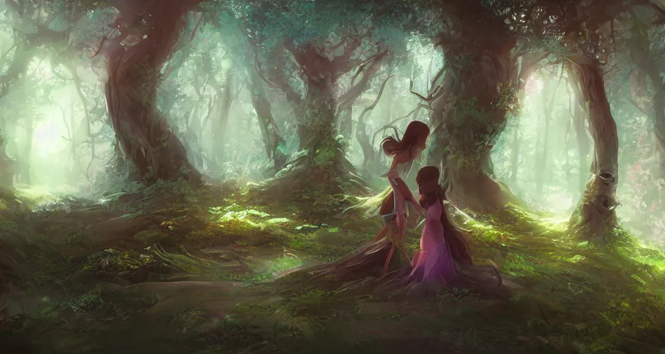 Prompt: Enchanted and magic forest, by WLOP