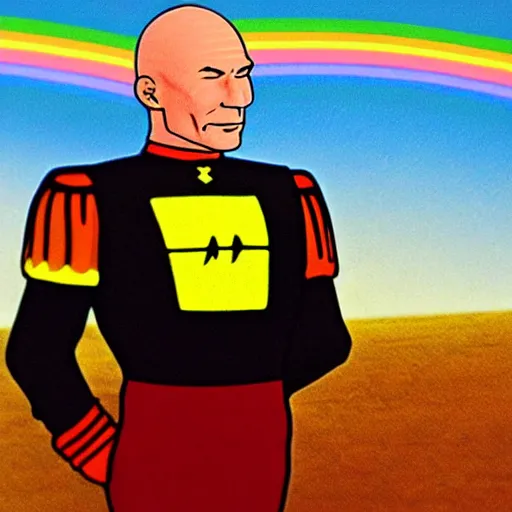 Image similar to Captain Picard riding on a rainbow, highly detailed