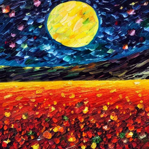 Prompt: a strawberry moon in the night sky over a field of strawberries, inspired by vincent van gogh, leonid afremov, okuda san miguel, pinks, oranges, reds post - impressionism 3 d - like