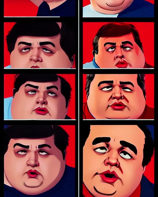 Image similar to a comic potrait of fat obese dan schneider from drake and josh with black and red parts, fine - face, realistic shaded perfect face, fine details. night setting. very anime style. realistic shaded lighting poster by ilya kuvshinov katsuhiro, unreal engine, global illumination, radiant light, detailed and intricate environment