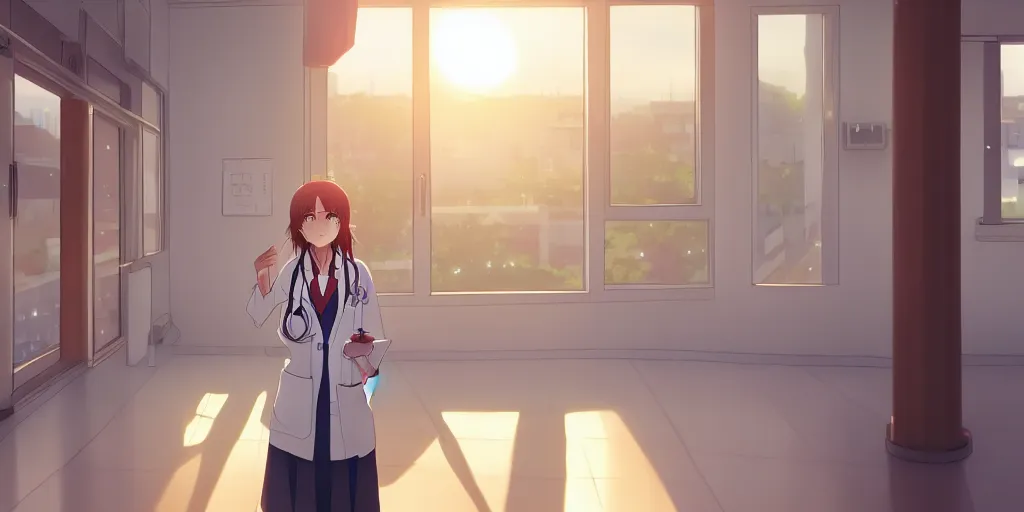 Prompt: a cute young female doctor wearing white coat, hospital ward, windows, sunset lighting, slice of life anime, cinematic, realistic, anime scenery by makoto shinkai