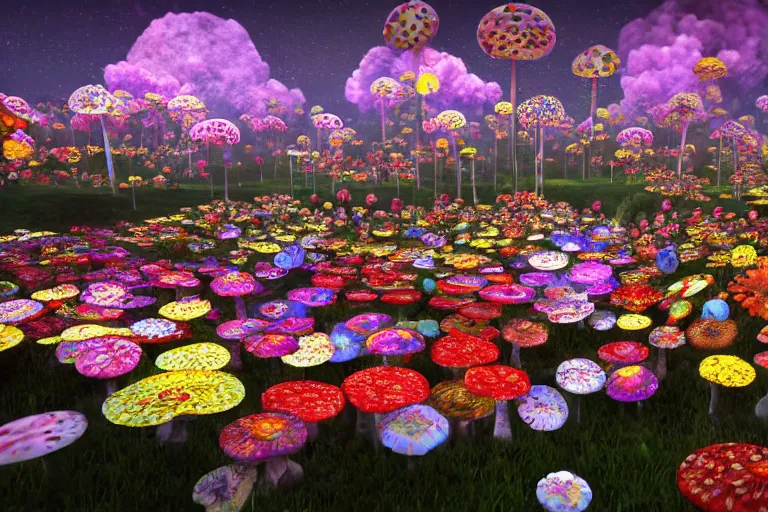 Prompt: Floral psychedelic apocalypse caused by the crashing of the Murakami flower meteor in the peaceful village of mushrooms, unreal engine 5 render, art by Takashi Murakami, Meteor made out of Murakami flowers, tiny mushroom village
