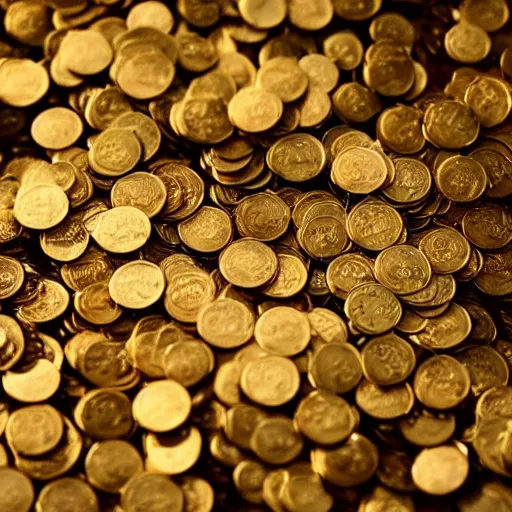 Image similar to millions of gold coins in a pile on top of a faraway hill