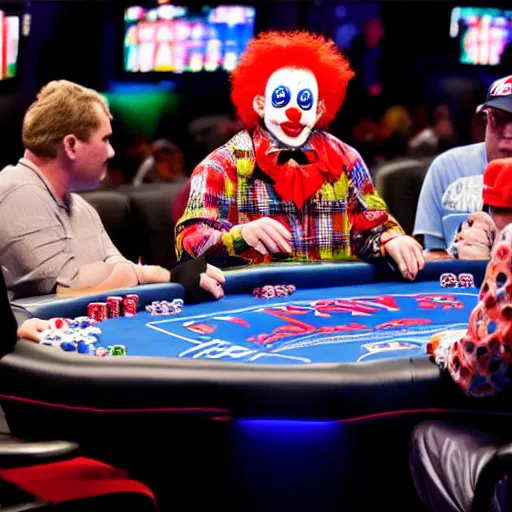 Image similar to world series of poker, a clown is at the final table, espn coverage, screenshot,