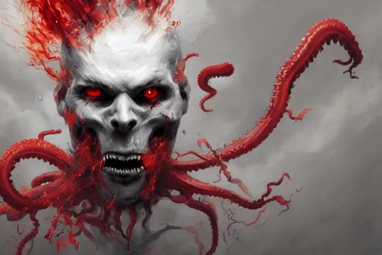 Image similar to painting by greg rutkowski of a flying crying human head and face that is chalk white in color, with tentacles coming of the neck, fiery red eyes, flying in a terrying hell like cavernous place