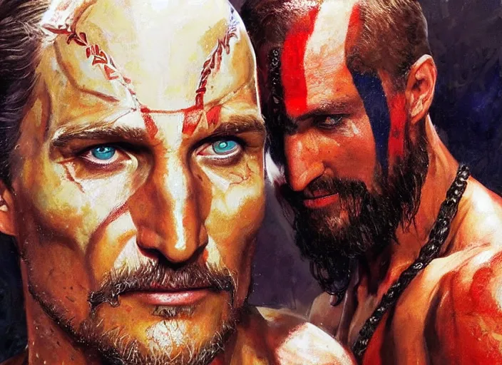Image similar to a highly detailed beautiful portrait of matthew mcconaughey as kratos, by gregory manchess, james gurney, james jean