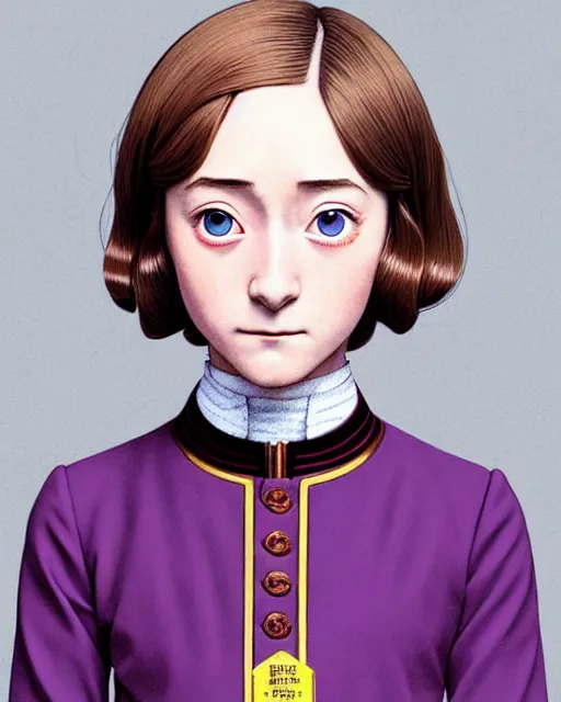 Image similar to portrait Anime as saoirse ronan grand budapest hotel girl cute-fine-face, brown-blond-hair pretty face, realistically shaded, Perfect face, fine details. Anime. grand budapest hotel, realistic shaded lighting by Ilya Kuvshinov, katsuhiro otomo, ghost-in-the-shell, magali villeneuve, artgerm, rutkowski, WLOP Jeremy Lipkin, Giuseppe Dangelico Pino, Michael Garmash, Rob Rey