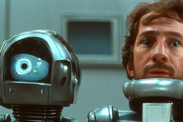 Image similar to a movie still from the 1985 summer blockbuster movie Back to the Robots directed by Steven Spielberg
