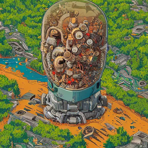 Prompt: hyper detailed comic illustration of a giant half buried robot head being reclaimed by nature , by Josan Gonzalez and Geof Darrow, isometric aerial view, highly detailed, 8k wallpaper